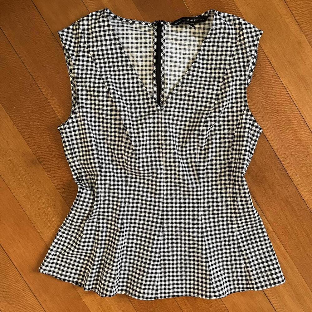 White House Black Market Women's White and Black Gingham Blouse, Size 4